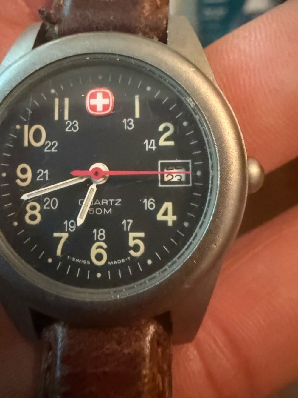 Wenger Black Dial Watch with Brown Leather Strap and Red Accents